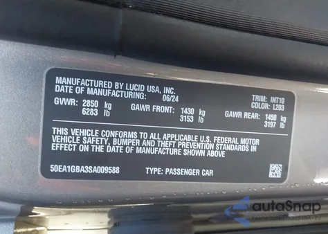 2025 Lucid Air Grand Touring из США, поврежденный, VIN 50EA1GBA3SA009588